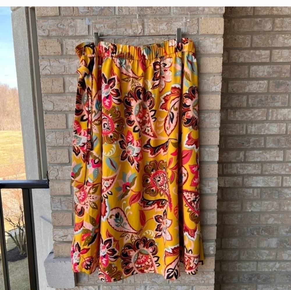 NWT Loft Plus Mustard Yellow Floral Paisley Print Belted Skirt 14Plus